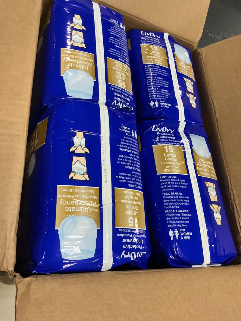 Condition photo showing New/Like New for livdry large ultimate adult incontinence underwear, high absorbency, leak cuff protection, l, 60-pack large (60 count)