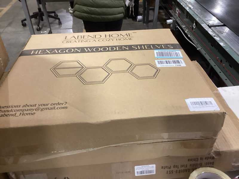 Condition photo showing Good Condition for LABEND HOME Solid Wood Large Hexagon Shelves Set of 4 - Wall Storage - Hanging Wall Decor - Farmhouse Hexagon, Honeycomb Floating Shelves for Living Room Decor, Bedroom, and Kitchen Home Decor Natural