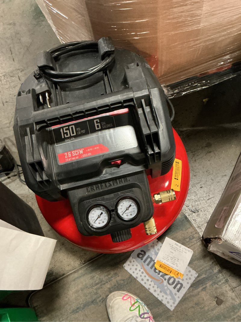 Condition photo showing As Is for craftsman 6-gallon portable electric 150 psi pancake air compressor with accessories included