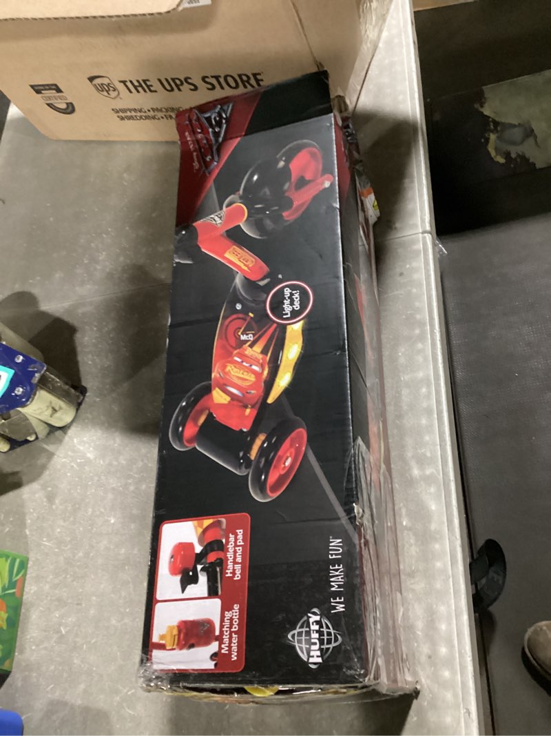 Condition photo showing New/Like New for huffy disney and marvel toddler kids 3-wheel scooters, multiple color options, ages 3+ years old, durable steel frame, portable, girls/boys, non-slip deck, character graphics