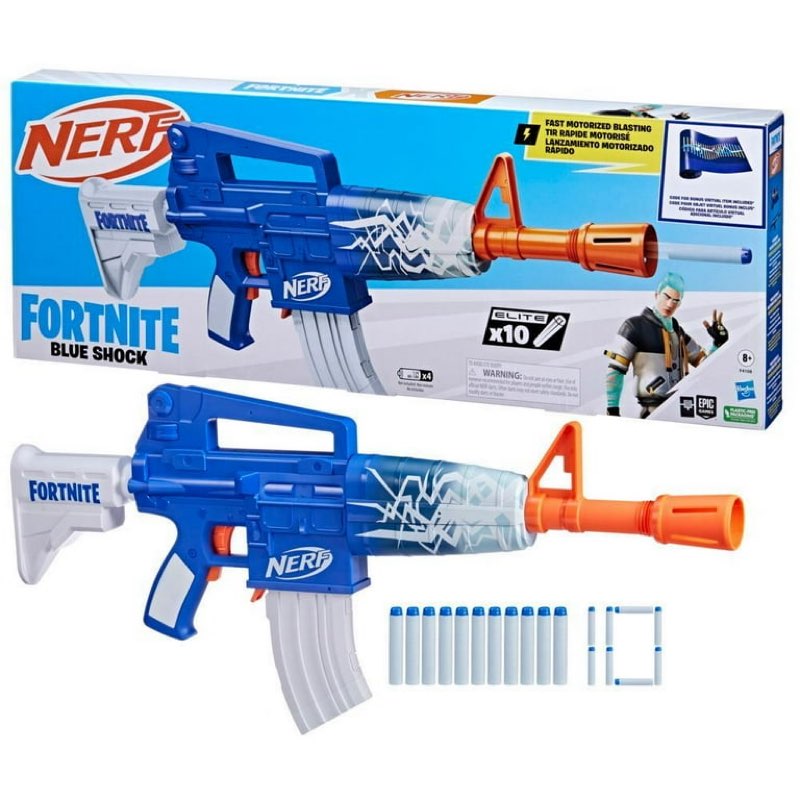 Nerf Fortnite Blue Shock Dart Blaster, 10-Dart Clip, 10 Elite Nerf Darts, Unlock Code, Boys and Girls, Ages 8 and up  