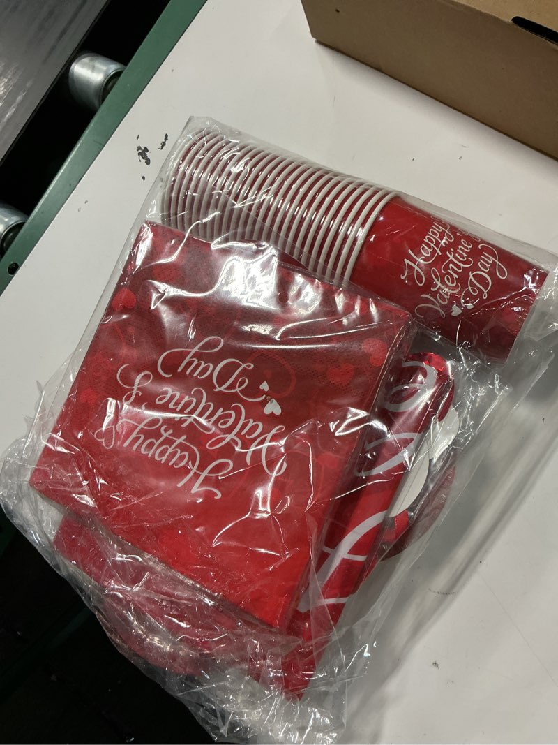 Condition photo showing New/Like New for valentine's day party supplies for 25 guests - romantic heart-shaped disposable plates, love-themed tablecloth, napkins, cups, and banner - valentines party decorations