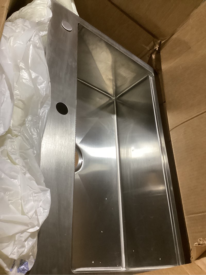 Condition photo showing As Is for kraus kore 32-inch drop in/undermount workstation 18 gauge single bowl stainless steel kitchen sink with accessories, kwt300-32 32 x 22 inch sink