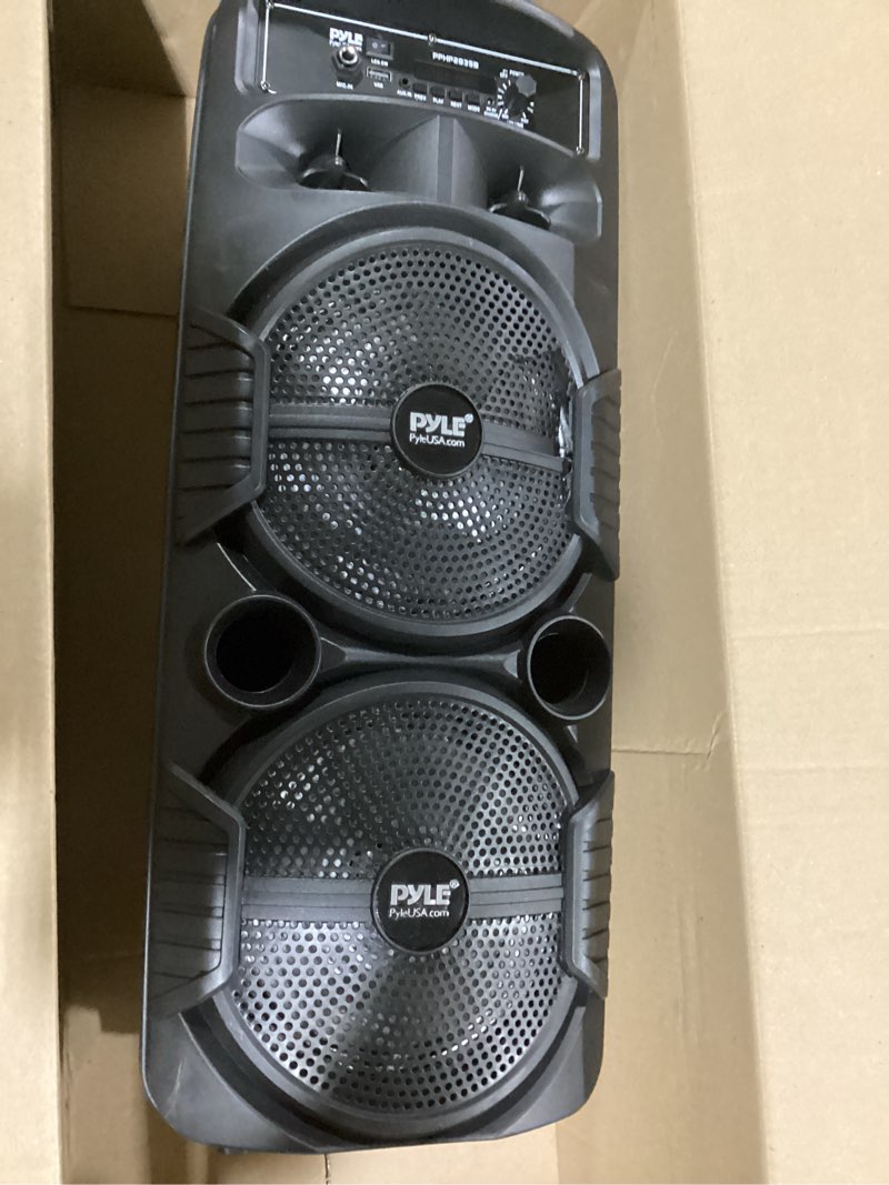 Condition photo showing As Is for pyle portable bluetooth pa speaker system - 600w rechargeable outdoor bluetooth speaker portable pa system w/ dual 8” subwoofer 1” tweeter, microphone in, party lights, usb, radio, remote - pphp2835b