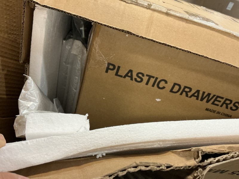 Condition photo showing As Is for WOPITUES Storage Drawer Cart, Mobile Storage Cabinet, Makeup Storage with 10 Large Clear Drawers, Utility Wooden Rolling Cart on Wheels, for Cosmetic, Art Craft, Office Supplies, Toy, Black Black 10 Drawers