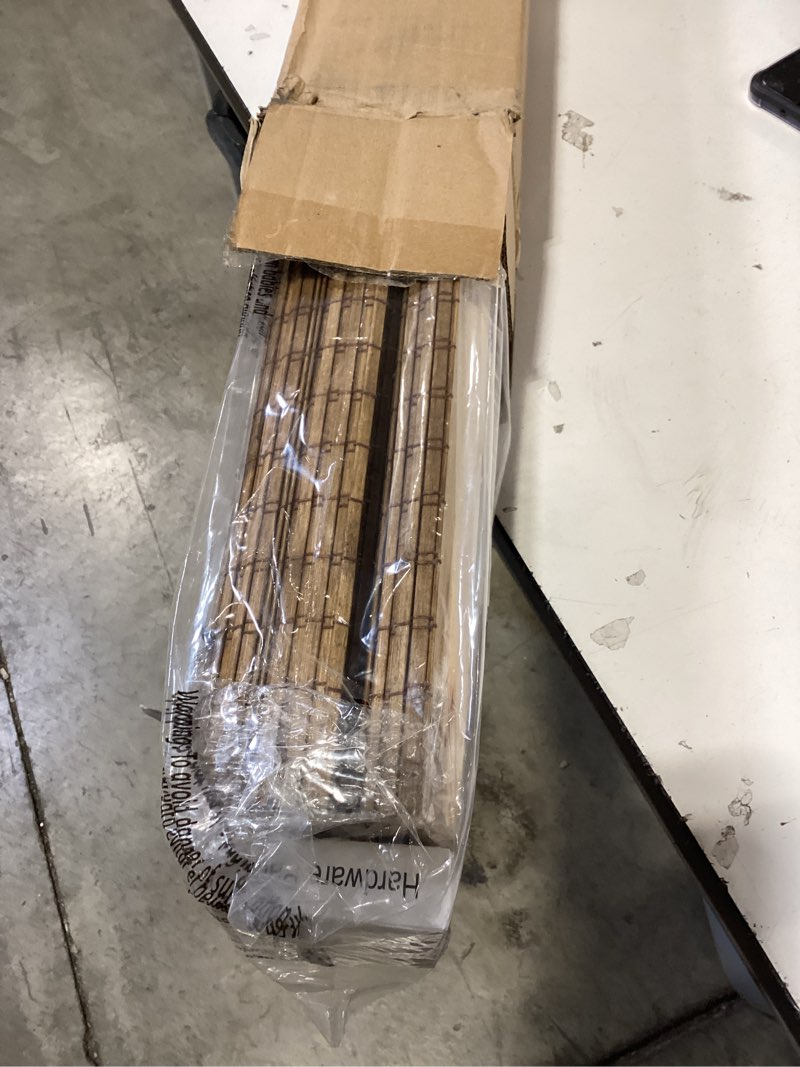 Condition photo showing New/Like New for lazblinds cordless bamboo roman shades, privacy blinds for interior windows, room darkening roll up bamboo blinds for home & patio, 20" w x 64" h, highfield teak pricacy - highfield teak 20" w x 64" h