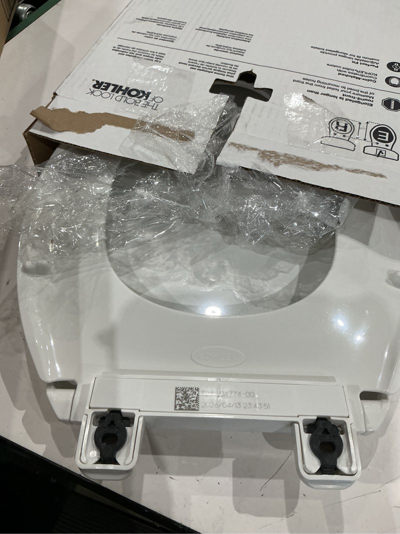 Condition photo showing As Is for kohler k-4774-0 brevia elongated white toilet seat with quick-release hinges and quick-attach hardware for easy clean, white