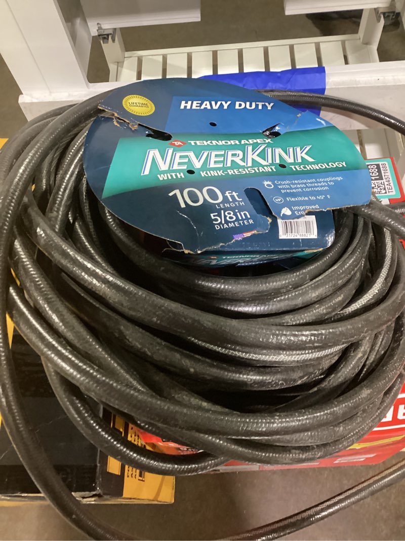 Condition photo showing As Is for neverkink teknor apex 5/8-in x 100-ft heavy-duty kink free vinyl gray coiled hose