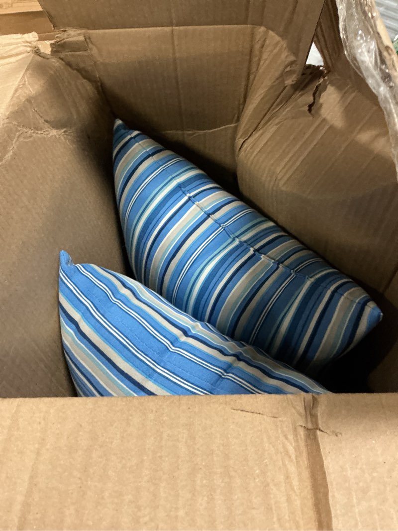 Condition photo showing Good Condition for greendale home fashions outdoor 17-inch square throw pillow, set of 2, steel blue stripe 2 count