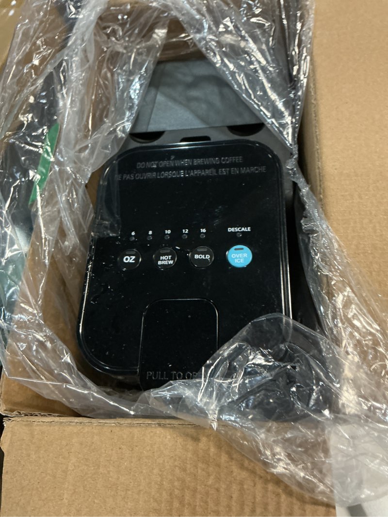 Condition photo showing As Is for single serve coffee maker hot and iced with bold brew, small coffee machine for k cup and ground, fits 7.3'' travel mug, brews up to 16 oz, 5 cup sizes, for office, rv& hotel, elegant black