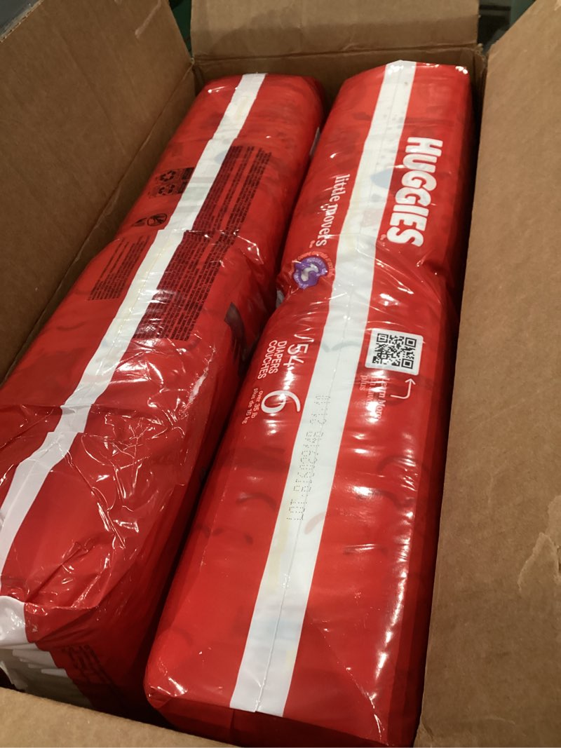 Condition photo showing New/Like New for huggies size 6 diapers, little movers baby diapers, size 6 (35+ lbs), 108 count (2 packs of 54), packaging may vary