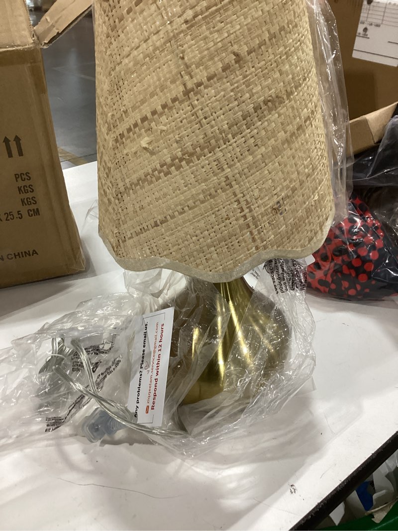 Condition photo showing Good Condition for gold small bedside table lamp for bedroom, brass gold mini table lamps for nightstand, rattan shade table lamps for small spaces for kitchen counter, bookshelf, bedroom, living room, kids dorm gold on/off switch