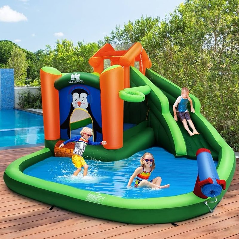 Condition photo showing As Is for honey joy inflatable water slide bounce house, 6 in 1 outdoor bouncy water park w/splash pool, slide & cannon, climbing wall, penguin blow up water slides for kids backyard(without blower)