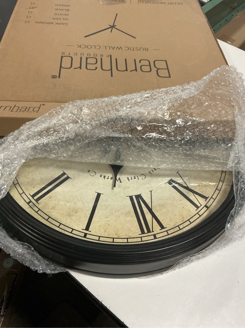 Condition photo showing Good Condition for bernhard products large decorative wall clock 20 inch silent non ticking battery operated quartz vintage stylish with rustic black rim for home living/dining room kitchen & over fireplace