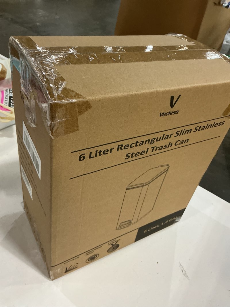 Condition photo showing New/Like New for Slim Bathroom Trash Can with Soft Close Lid, 1.6 Gallon Stainless Steel Garbage Can with Removable Inner Bucket, Durable Step Pedal, Small Trash Bins for Toilet, Bedroom, Kitchen, Office 1.6 Gallon Silver