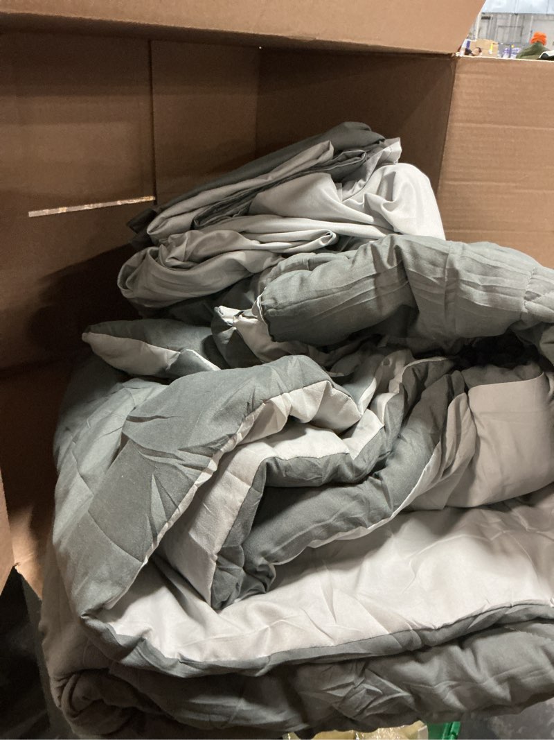 Condition photo showing As Is for HEVUMYI King Comforter Set - 7-Piece All Season Bed in a Bag King, Ultra Soft Bedding Set with Comforter, Flat Sheet, Fitted Sheet, Pillowcases, Pillow Shams, Dark Grey & Light Grey Dark & Light Grey King