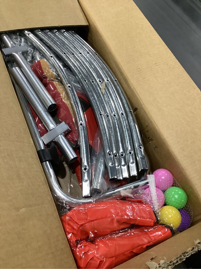 Condition photo showing New/Like New for 55" Toddler Mini Trampoline for Kids, Indoor Outdoor Toys with Swing, 440lbs Baby Kids Trampoline, Gymnastics Bar, Birthday Gifts for Boy Girl Age 1-8 Pink-Blue