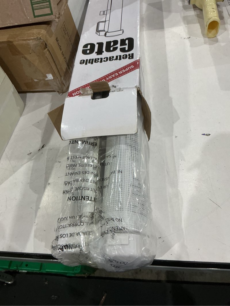 Condition photo showing Good Condition for reinforced 24 inch tall retractable baby gates for dogs, short dog gates to step over, expands 0-55 inches wide, mesh pet gate with support rods, small puppy gates for the house, white white 24" tall x 55" wide ( with reinforced rods )