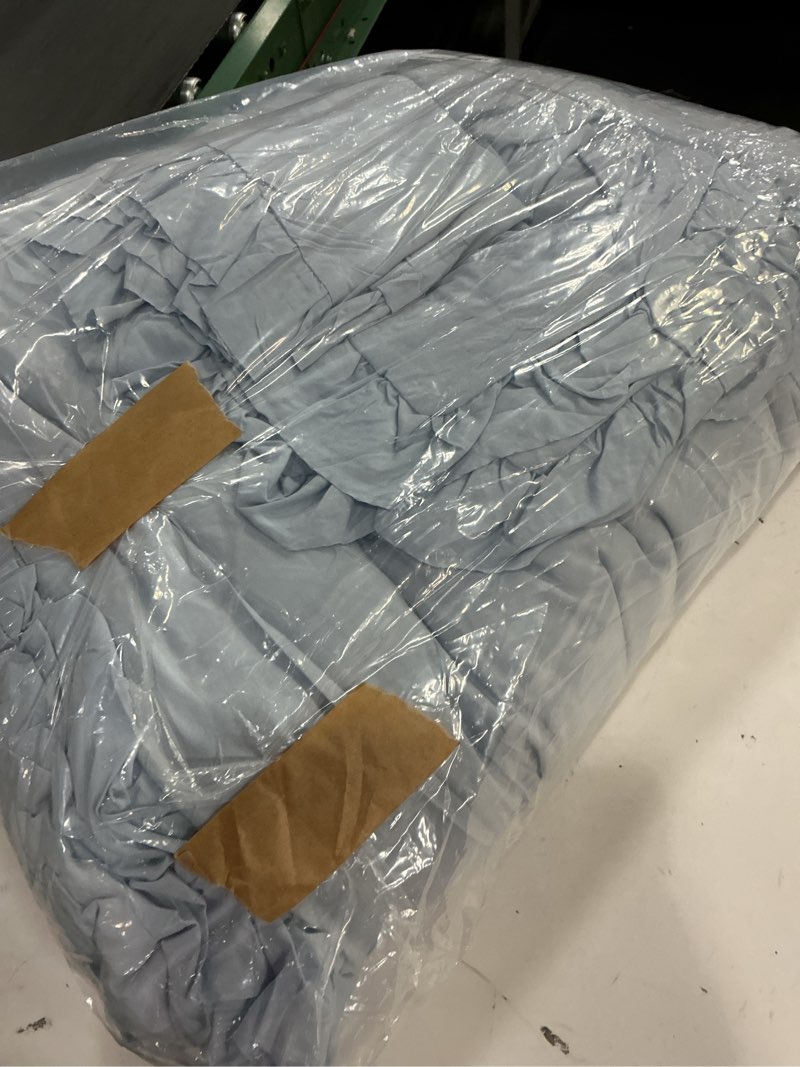 Condition photo showing Good Condition for Masaca Oversized King Comforter 128x120,3 Pieces Vintage Farmhouse Ruffled Bedding Comforter Set Lightweight Ultra Soft French Country Bedding (1 Light Blue Ruffle Comforter +2 Pillowcases) Oversized King Plus 128×120 Light Blue