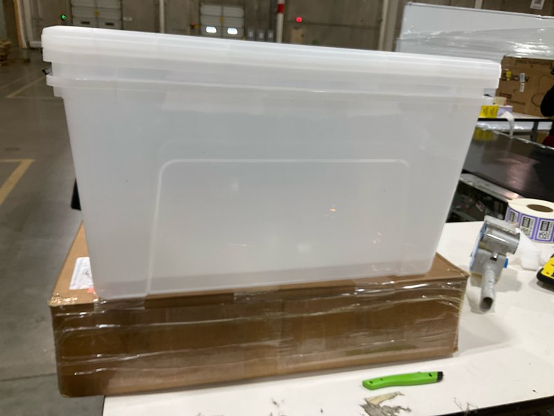 Condition photo showing Good Condition for IRIS USA 72 Qt Stackable Plastic Storage Bins with Lids, 2Pack - BPA-Free, Made in USA - See-Through Organizing Solution, Latches, Durable Nestable Containers, Secure Pull Handle - Clear Clear 72 Qt 2Pack