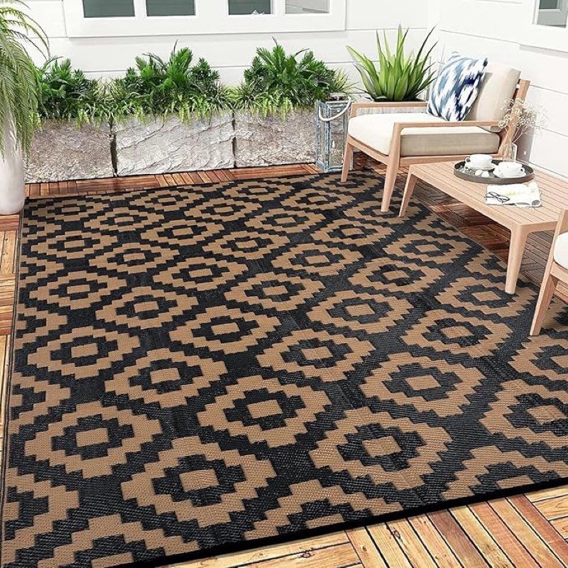 GarveeLife Outdoor Rugs 8x10 Waterproof, Plastic Straw Area Rug, Large Floor Mat Reversible, Geometric RV Mat for Patio Porch Balcony Backyard Beach Camping Picnic Deck, Black/Brown