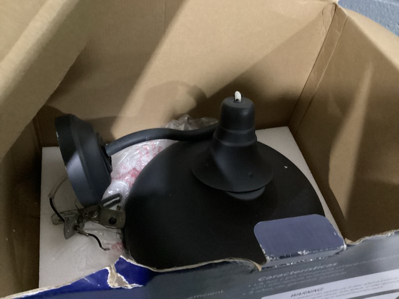 Condition photo showing As Is for harbor breeze birchwood 12.5-in black dark sky integrated outdoor wall light