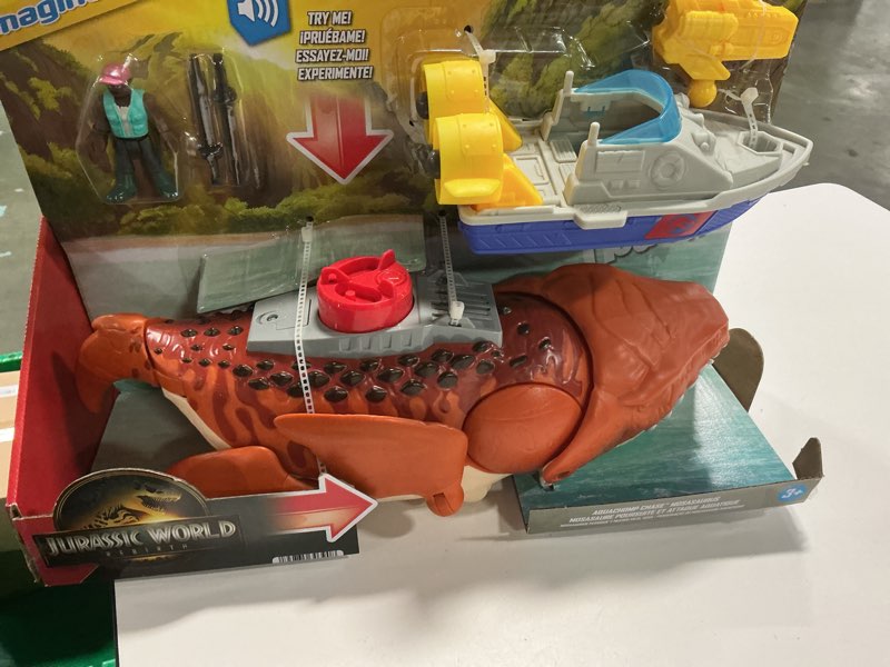 Condition photo showing New/Like New for Fisher-Price Imaginext Jurassic World Rebirth Aquachomp Chase Mosasaurus 18-inch Dinosaur Toy with 3-inch Action Figure, Launcher Boat & 2 Projectiles