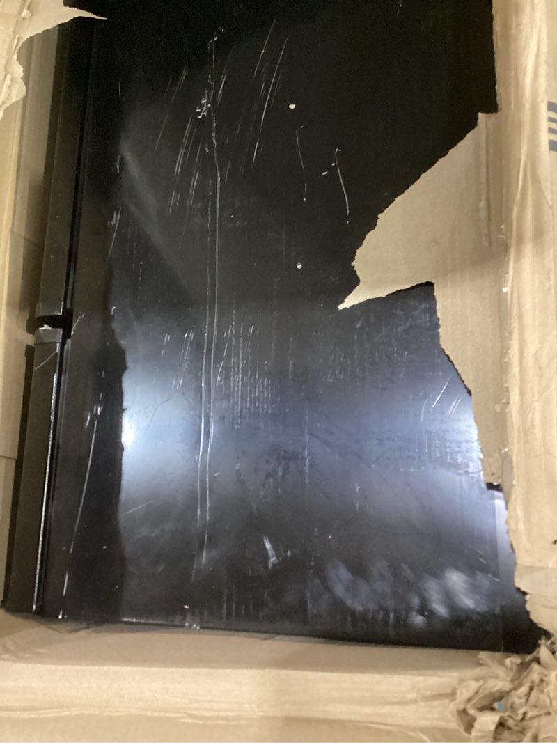Condition photo showing As Is for Manastin 4.5 Cu.Ft Mini Fridge with Freezer, Small Refrigerator with 2 Doors for Kitchen, Dorm, Office and Bedroom, Mini Fridge with Adjustable Shelves (Black) Black 4.5 Cu.Ft, NOT TESTED AS IS 