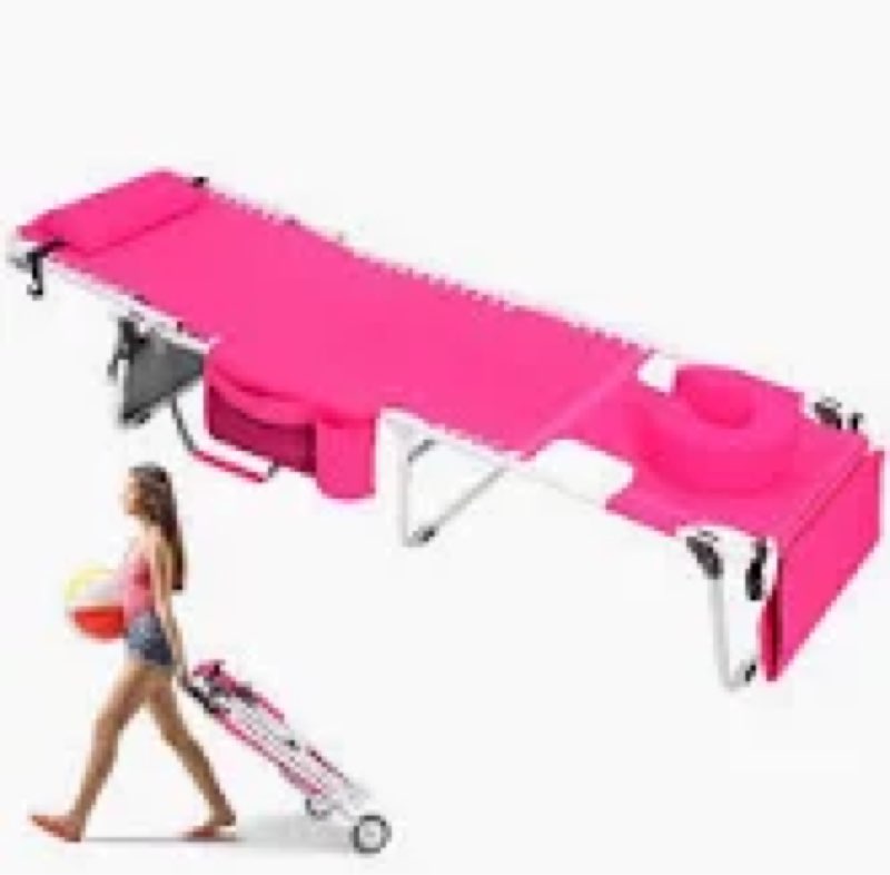 wheel-2-go heavy duty tanning chair with padded face hole adjustable folding chaise lounge chairs for outside portable layout beach chair w/ wheels for outdoor sunbathing patio pool lawn deck poolside light pink standard size