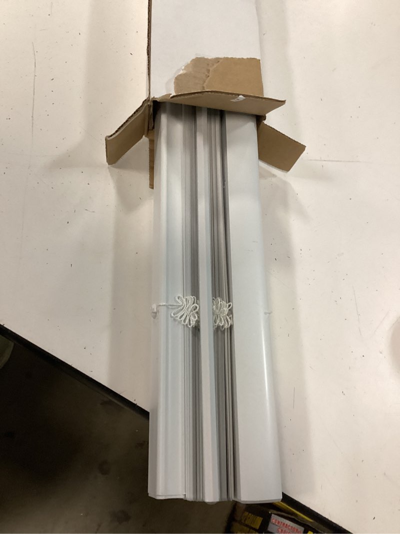 Condition photo showing As Is for project source light filtering 1-in slat width 36-in x 64-in cordless white vinyl light filtering mini-blinds