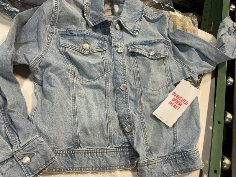 Condition photo showing New/Like New for celebrity pink women's oversized boyfriend denim jacket, sizes xs-xxxl