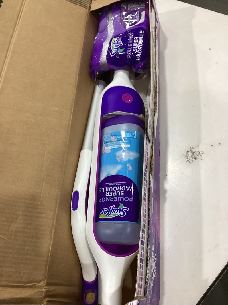 Condition photo showing Good Condition for swiffer powermop multi-surface mop kit for floor cleaning, fresh scent, mopping kit includes powermop, 2 mopping pad refills, 1 floor cleaning solution with fresh scent and 2 batteries purple and white