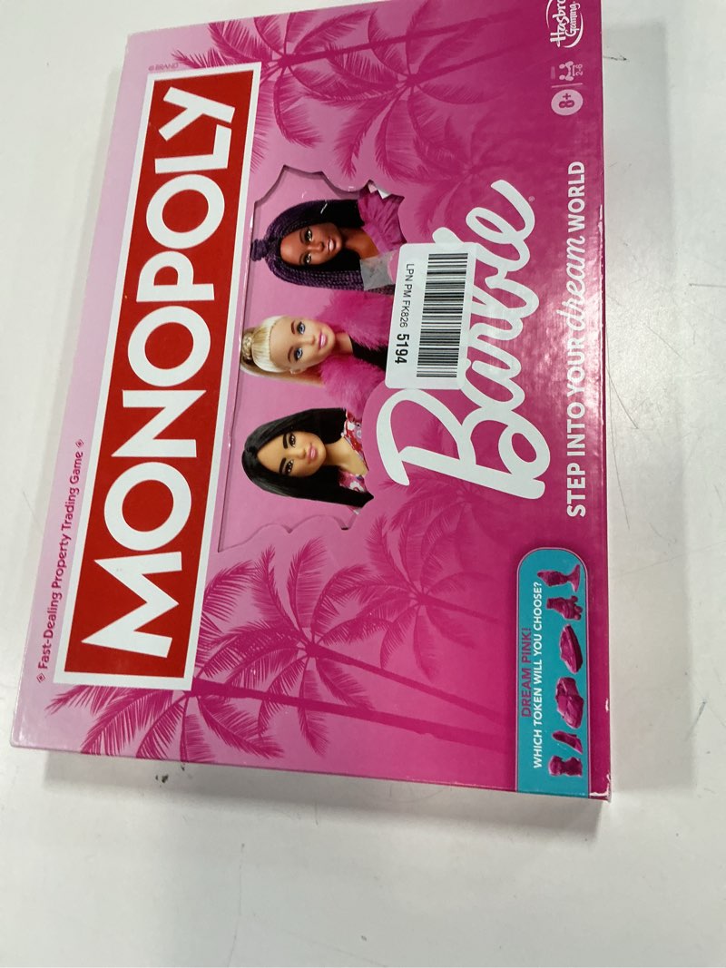 Condition photo showing New/Like New for Hasbro Gaming Monopoly Barbie Fun Board Game for the Whole Family with 6 Pink Zinc Tokens Barbie for 2-6 Players Ages 8+