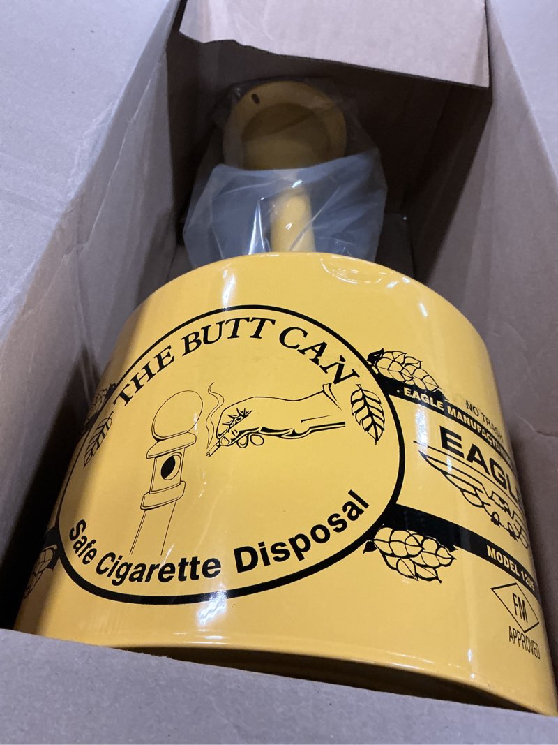 Condition photo showing New/Like New for eagle 1205 galvanized steel poly tube cigarette butt receptacle, 5 gallon capacity, 40" height, 12" diameter, yellow 5 gallon yellow