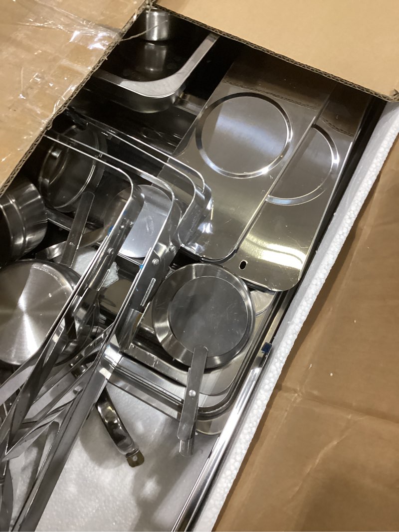 Condition photo showing As Is for 9Qt Chafing Dishes for Buffet 4Pack, 304 Stainless Steel Chafing Dish Buffet Set with Folding Frame, Food Warmers for Parties, Catering Supplies, Warming Trays for buffets Party, Multiple Food Pans Silver-001