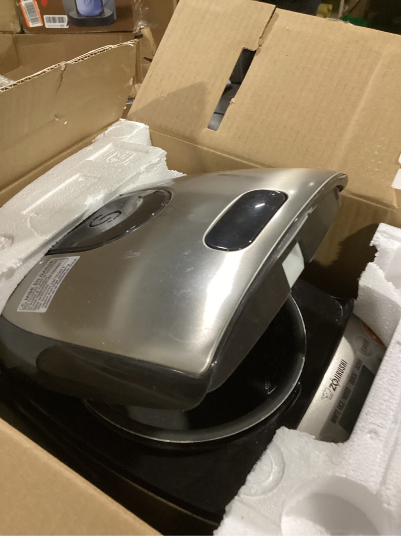 Condition photo showing As Is for zojirushi micom 3-cup compact size, multiple settings, stainless steel made, built-in retractable power cord and easy to transport rice cooker and warmer stainless black 3-cups (uncooked), rice cooker & warmer