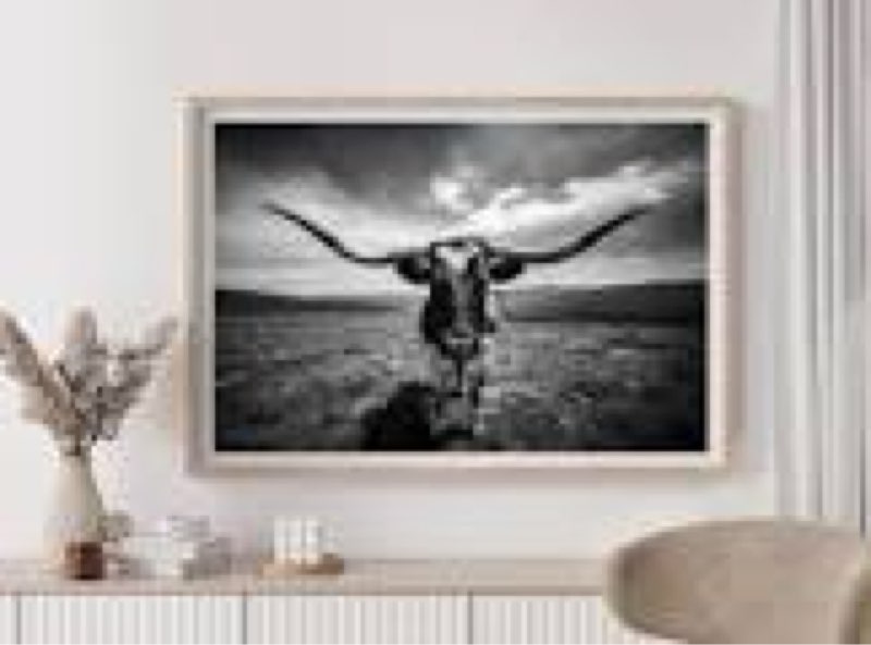 Texas longhorn standing in scenic field, western scene wall art, Texas wall decor, Cattle ranch art, landscape midwestern print 48X32