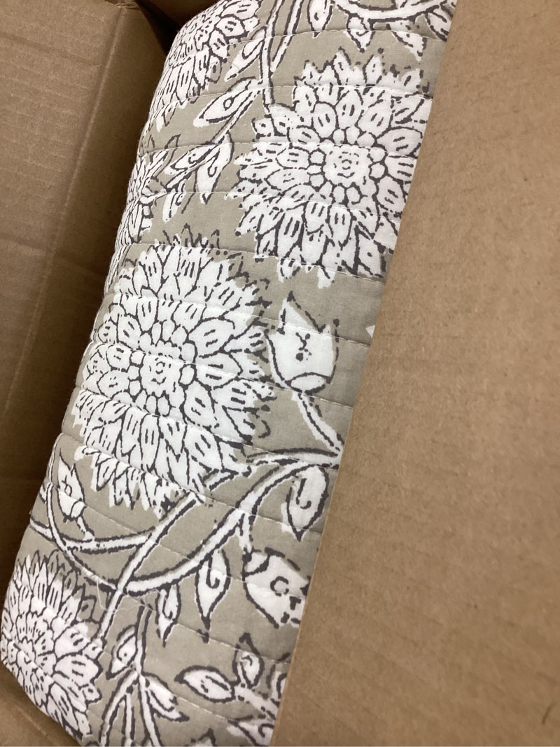 Condition photo showing As Is for levtex home adare taupe reversible full/queen quilt set (88x92in) and 2 pillow shams (26x20in) - floral bedding - taupe white - cotton full/queen size quilt bedding set - lightweight, soft, pre-washed full/queen quilt taupe