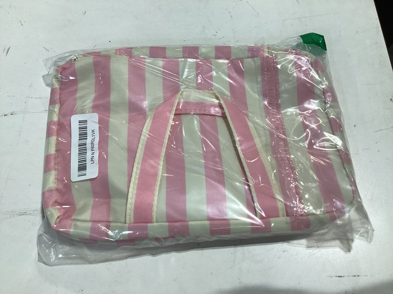 Condition photo showing Good Condition for toiletry bag for women travel water-resistant cosmetic bag fashion stripes makeup bag with hanging hook preppy for store toiletries cosmetic accessories medium pink medium ab-pink
