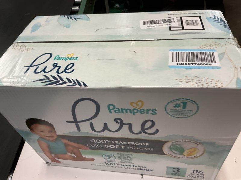 Condition photo showing New/Like New for pampers pure protection baby diapers, size 3 (16-28 lbs), 116 count, up to 100% leakproof, premium plant-based skin protection, hypoallergenic soft diapers size 3 116