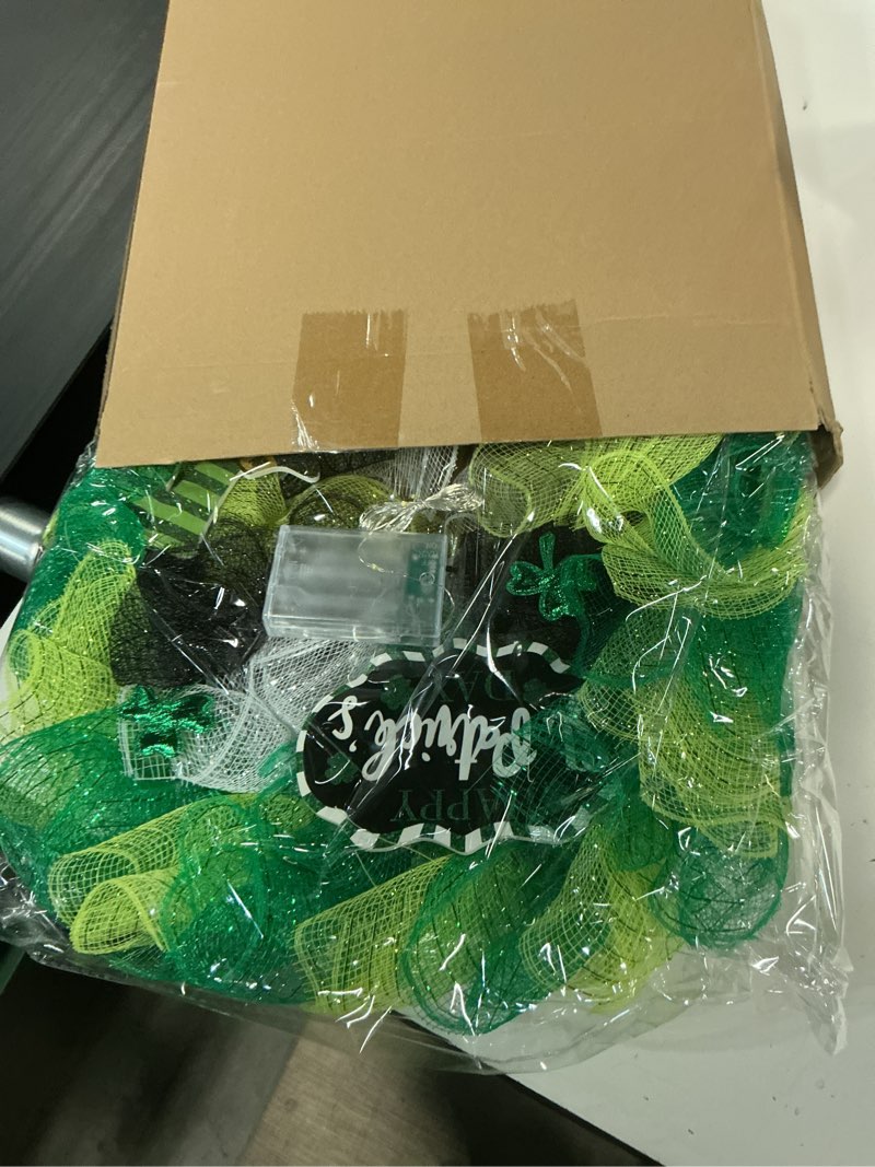 Condition photo showing New/Like New for 18'' st. patrick's day wreath for front door with lights st patricks day mesh wreath artificial clovers leprechaun hat decorations for irish wall porch home outdoor indoor