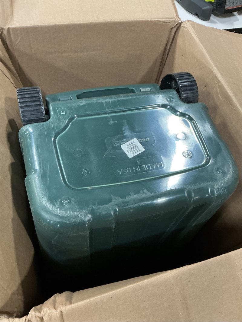 Condition photo showing As Is for ecosolution 32 gallon wheeled outdoor garbage can with attached snap lock lid and heavy-duty handles, eco green, heavy-duty construction, perfect back yard, deck, or garage trash can, pack of 2 eco green 32 gallon - 2 pack wheeled garbage can