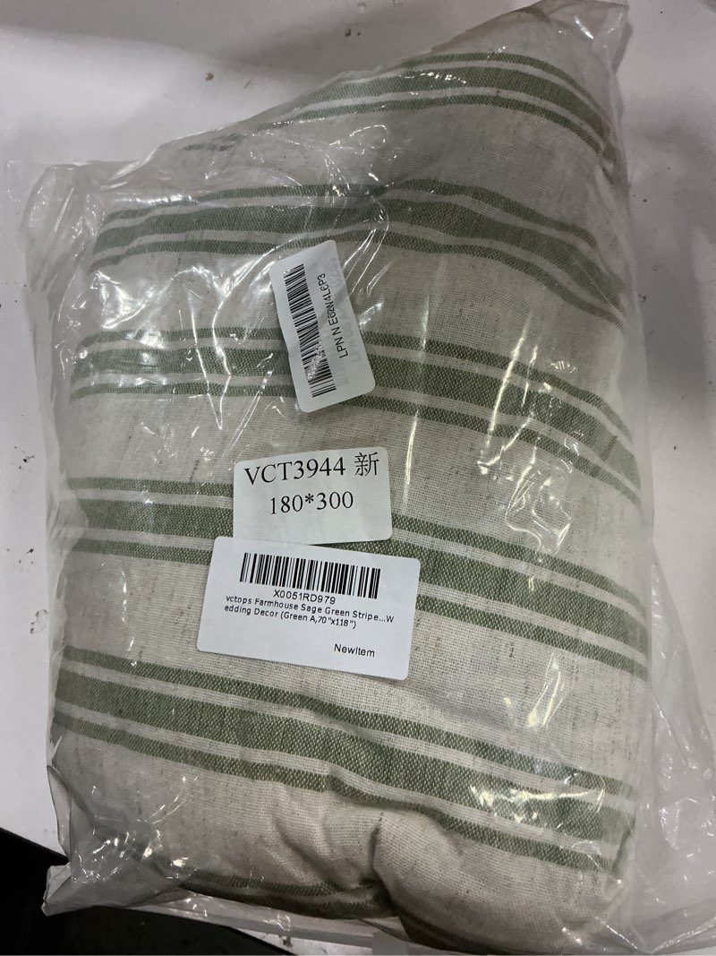 Condition photo showing Good Condition for vctops farmhouse sage green stripe ruffle table cloth, boho cotton linen tablecloth, washable table 70”x 118”