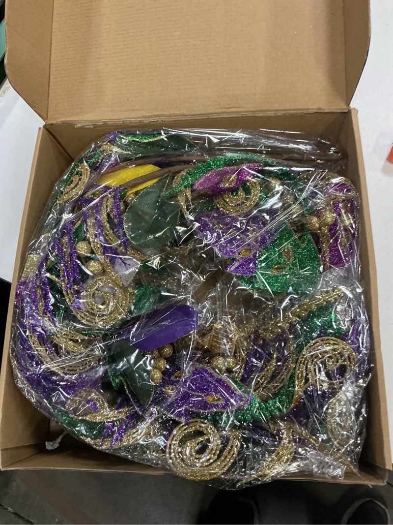 Condition photo showing New/Like New for 70 inch mardi gras garland - purple green gold decor with glittered flowers & vine, front door garland for holiday party, wall, staircase decoration