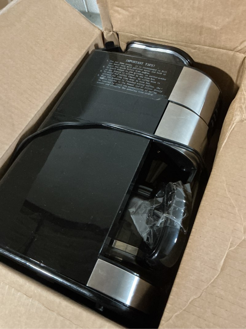 Condition photo showing As Is for gevi 10 cup drip coffee maker with built-in grinder, grind ? brew burr combo coffee machine with touch screen, programmable, 4-hour warm plate, permanent filter, coffee carafe 10.7"d x 7.9"w x 17.8"h