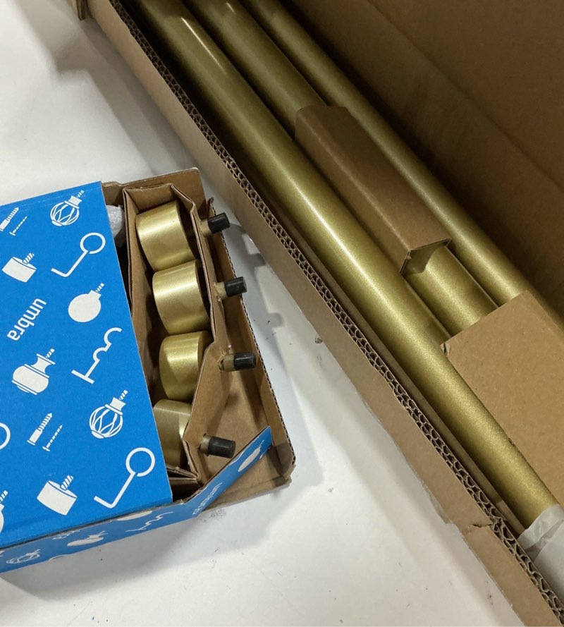 Condition photo showing New/Like New for YNL Tension Shower Curtain Rod 34 to 120 In(2.83-10Ft), Long Tension Curtain Rod with 2Pcs Holders, No Drilling for Large Window, Bathroom, Patio, Adjustable Outdoor Curtain Rod, Brushed Gold Brushed Gold XL:34-120Inches| with 2 Holders