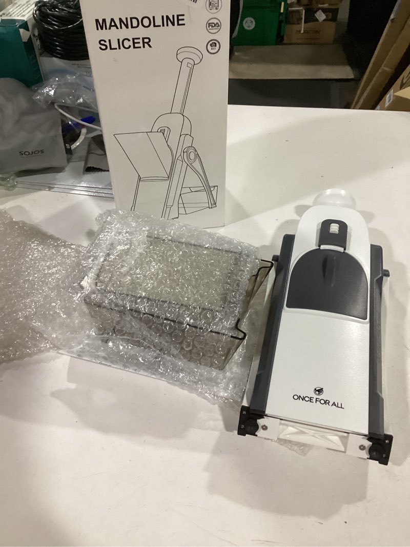 Condition photo showing New/Like New for ONCE FOR ALL Safe Mandoline Slicer 5 in 1 Vegetable Chopper Food Potato Cutter, Strips Julienne Dicer Adjustable Thickness 0.1-8 mm Kitchen Chopping Artifact Fast Meal Prep (Gray)