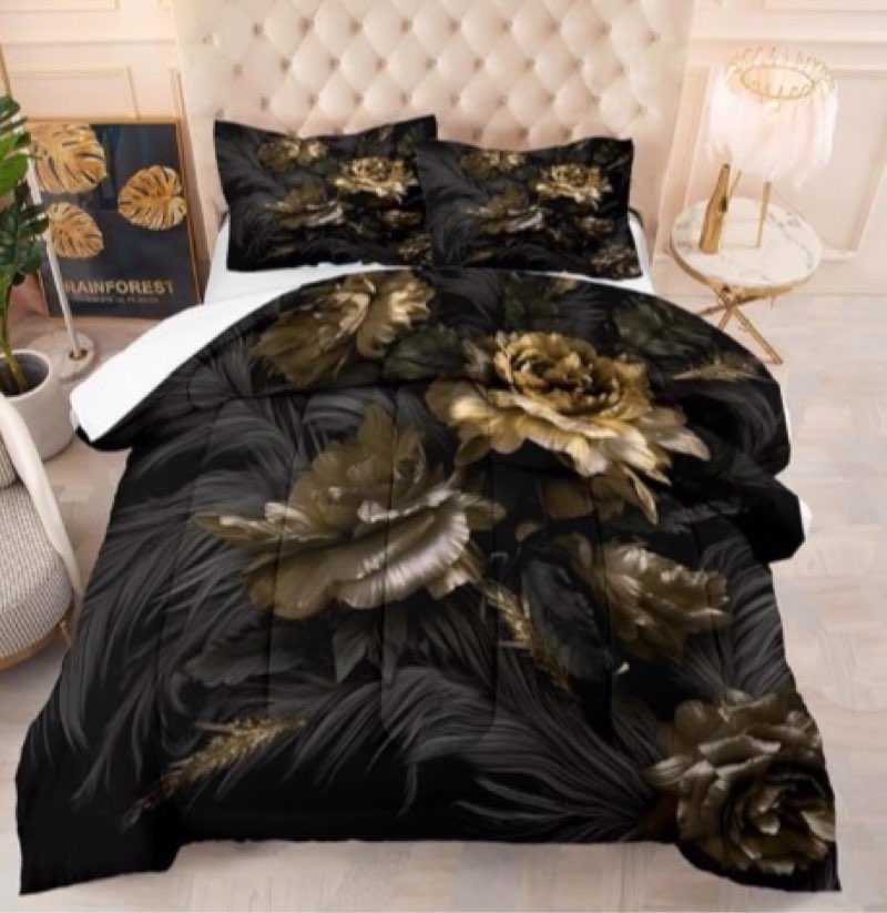 CCoutueChen Black Floral Comforter Set Queen Size Boho Vintage Flower Bedding Set Modern Aesthetic B