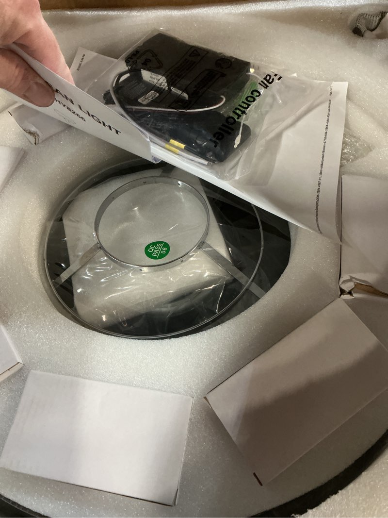 Condition photo showing New/Like New for 42 Inch Fandelier Ceiling Fan with Light, Retractable Ceiling Fan with Lights Chandelier Fan for Bedroom, Living Room, 3 Color Temperature, 6 Wind Speed-Chrome