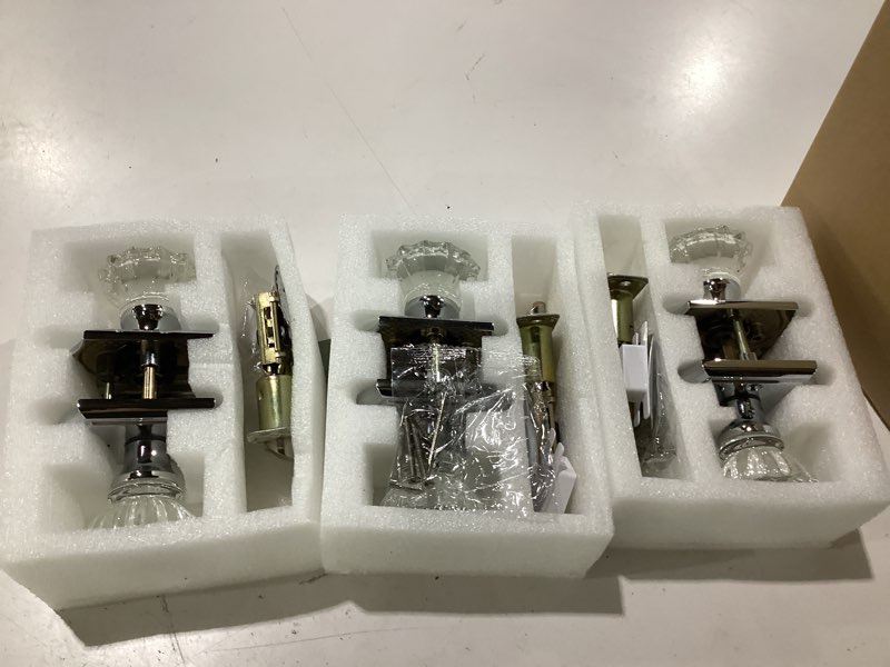 Condition photo showing As Is for 3 pack glass door knob, rosette shaped crystal door knobs with lock, polished chrome door knobs interior glass 3 polished chrome
